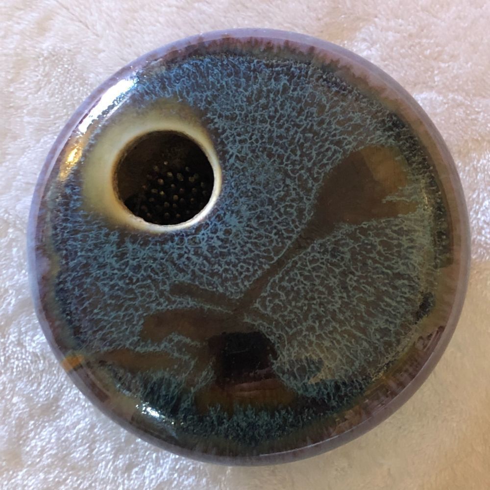 Signed Pottery Ikebana Round Vase w/ Metal Flower Frog